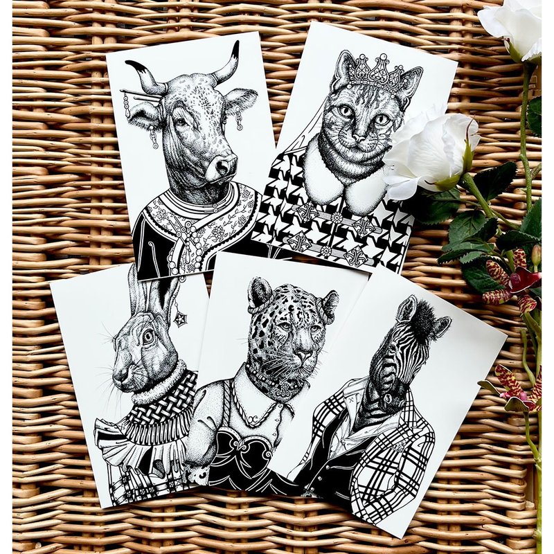 Animal picture postcards mini painting set of 5 pieces free combination - Cards & Postcards - Paper Black