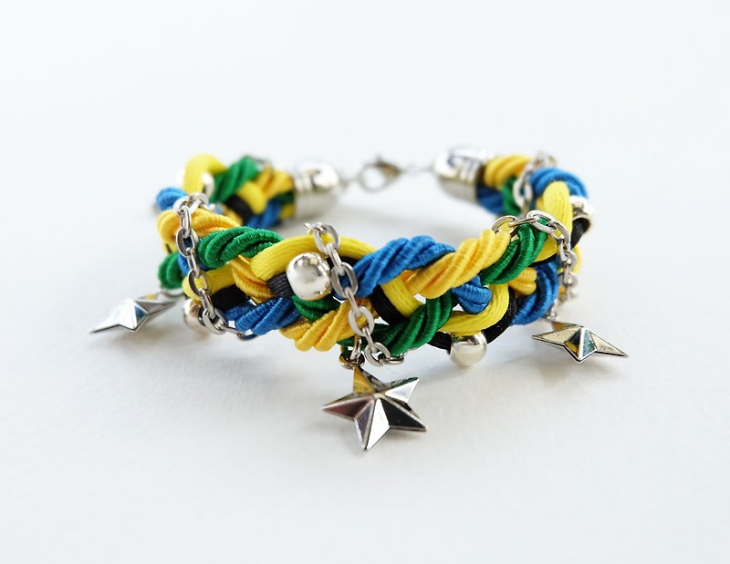 Blue Green Yellow Black braided bracelet with silver color materials and stars - สร้อยข้อมือ - วัสดุอื่นๆ หลากหลายสี