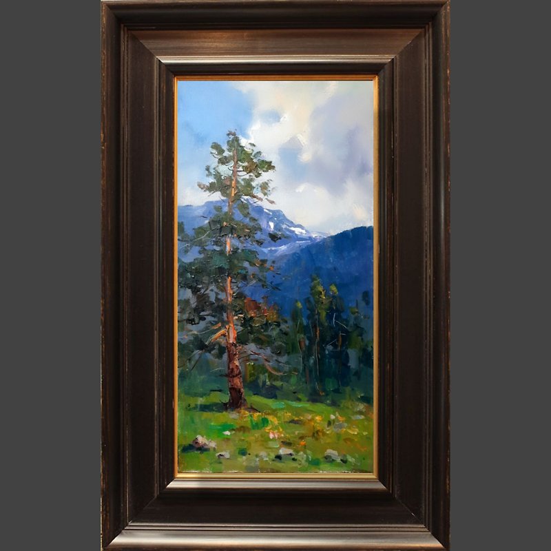 A Pine tree in the Mountains, oil on canvas, original painting,  W 50 H 25 cm - โปสเตอร์ - สี หลากหลายสี