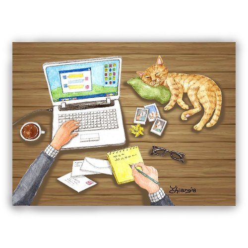 DuDo Shop 土豆屋 手繪插畫萬用卡/明信片/卡片/插畫卡--陪主人辦公的貓