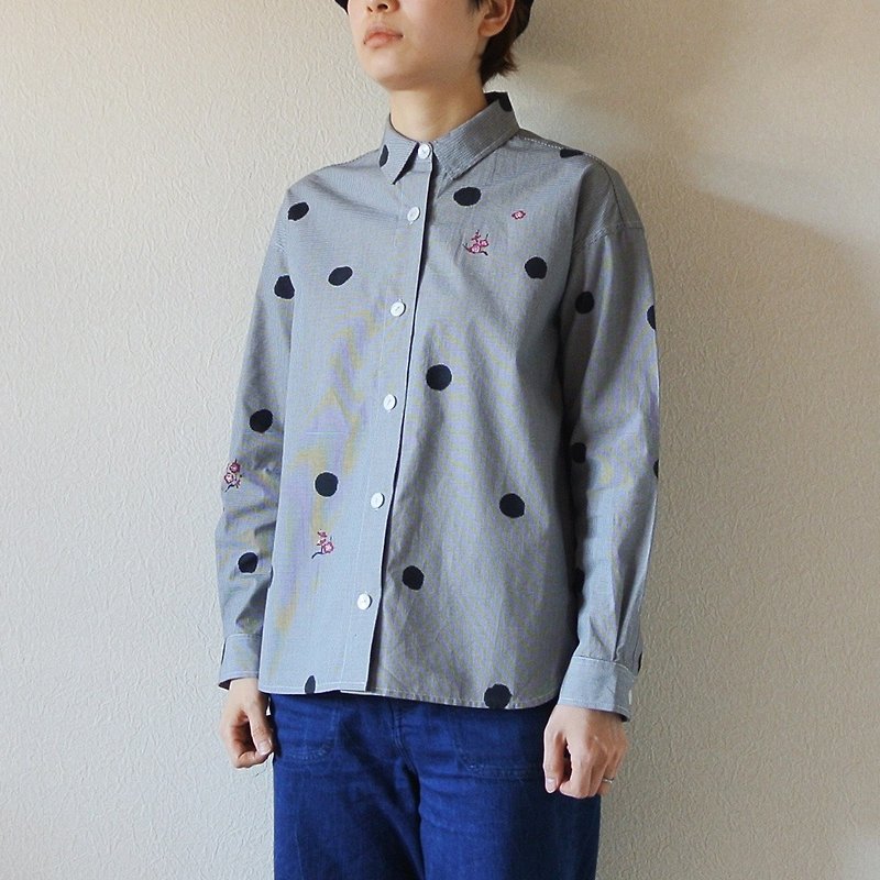 Gingham check shirt Polka dots and plum - Women's Shirts - Cotton & Hemp Gray