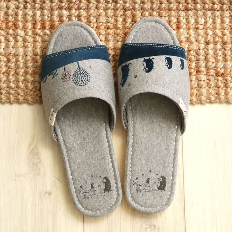 Organic Cotton Flocking Indoor Slippers (Hedgehogs) Dark Hemp Grey / Valentine's Day Gift - รองเท้าแตะในบ้าน - ผ้าฝ้าย/ผ้าลินิน สีเขียว