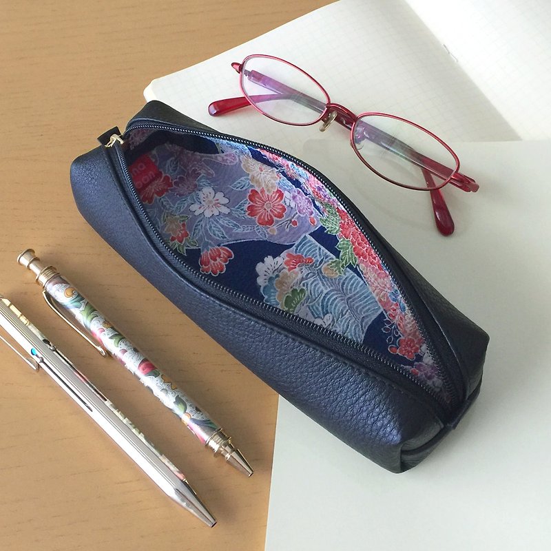 Leather pen case with Japanese Traditional pattern, Kimono - Pencil Cases - Genuine Leather Black