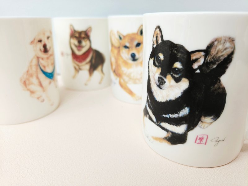 Customized cooperation with illustration artist-English blue cat Shiba Inu bone china mug as a birthday gift - แก้ว - เครื่องลายคราม หลากหลายสี