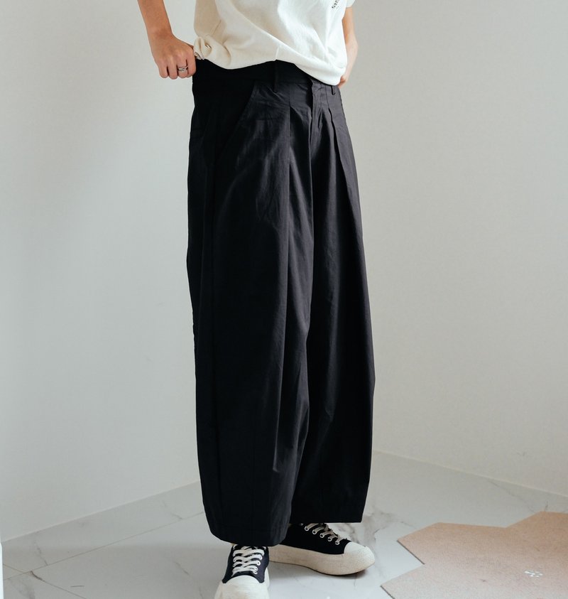 SUMMER balloon and paper-feel thin wide pants-2 colors-balloon black - กางเกงขายาว - ผ้าฝ้าย/ผ้าลินิน สีดำ