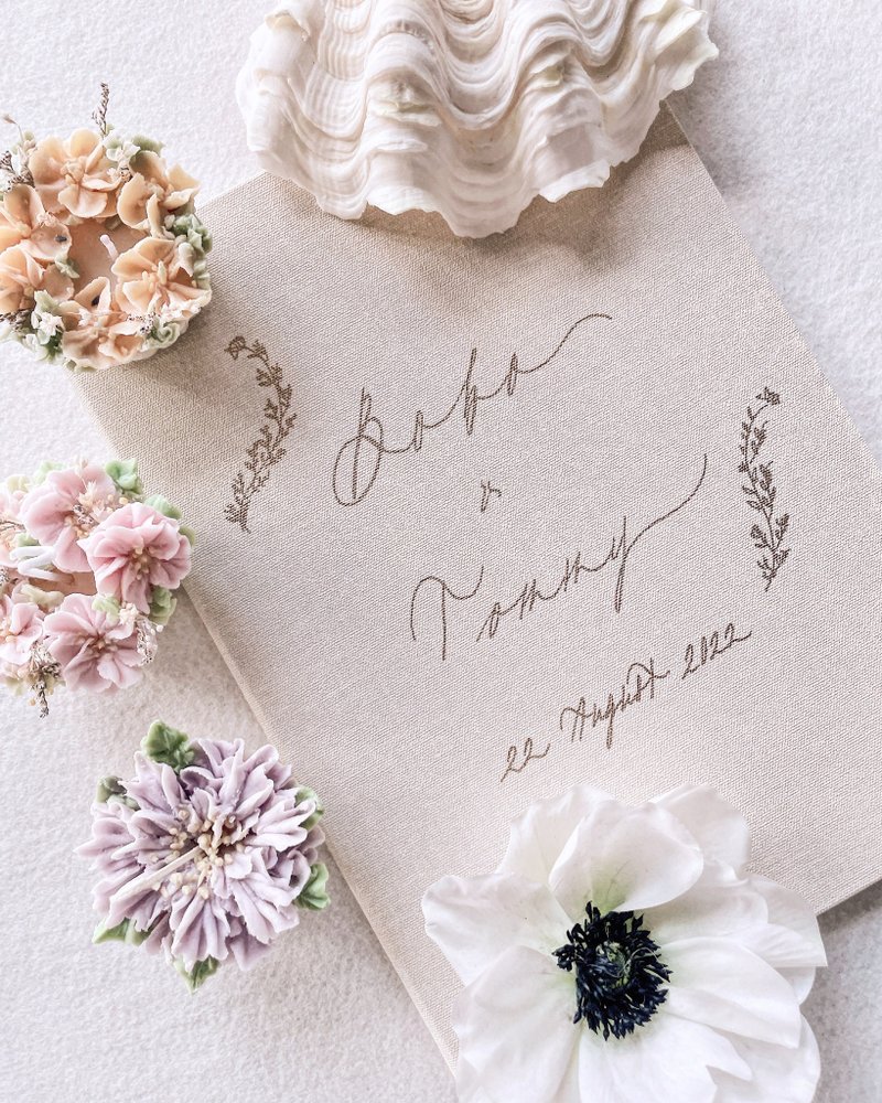 客製 麻布結婚證書套 + 燙金結婚書約   | 客製名字及日期 - 結婚書約 - 紙 白色