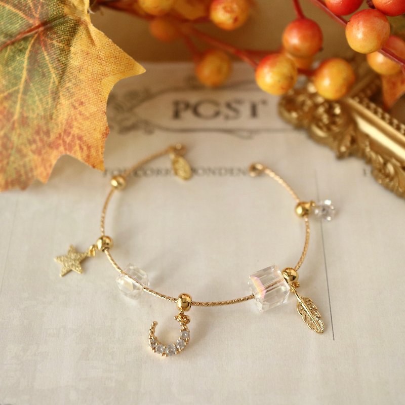 [4 colors optional] 18k gold-plated Japan imported twist bracelet crystal star feather adjustable bracelet - Bracelets - Other Metals Transparent