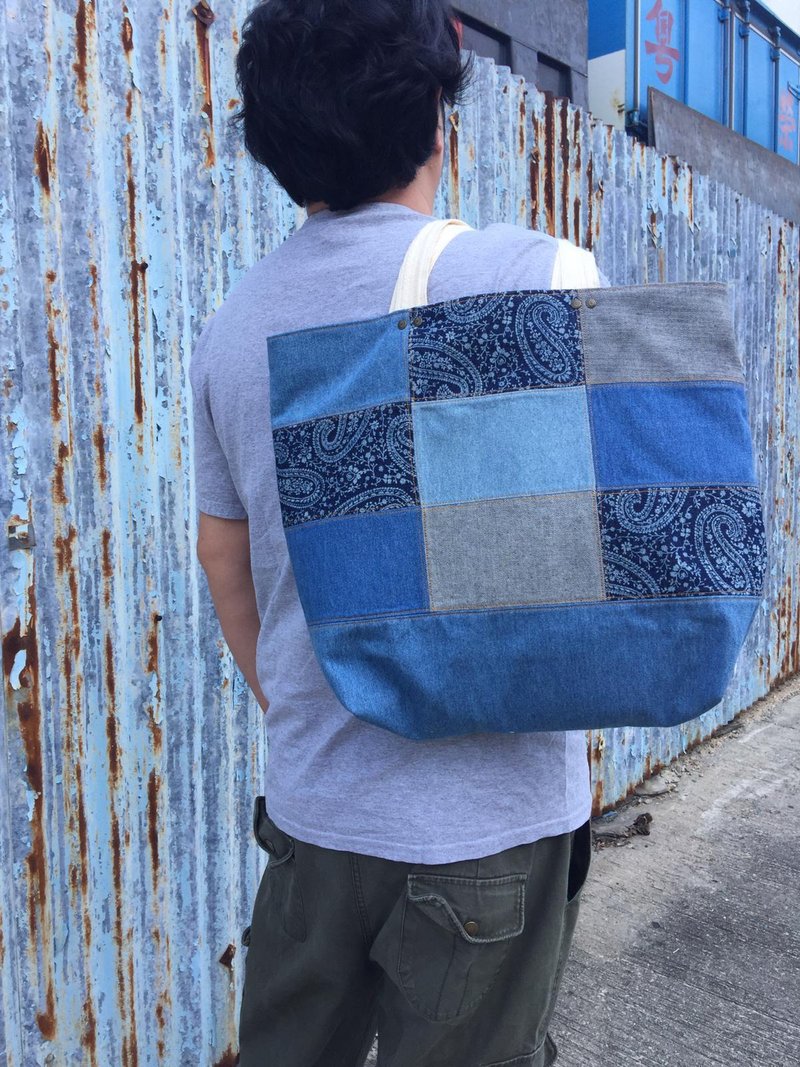 Denim Patchwork Tote Bag Set 牛仔拼布包 丹寧 托特包連收納袋 - 手提包/手提袋 - 棉．麻 藍色
