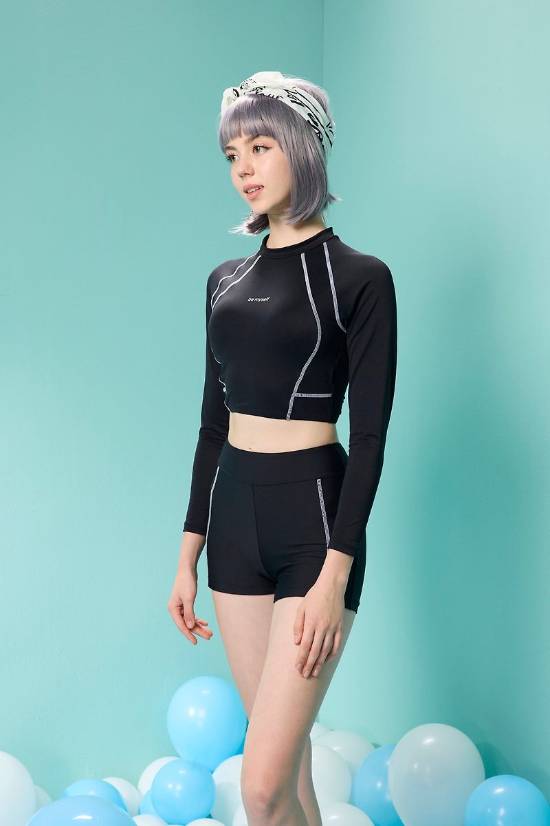 【SARLEE】Sleeve Two-cut Pants Swimsuit (with Pad and Swimming Cap) - ชุดว่ายน้ำผู้หญิง - ไนลอน สีดำ