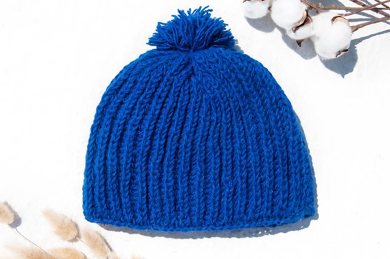 手工編織純羊毛帽/編織帽/針織毛帽/內刷毛手織毛帽/毛線帽-藍色 - 帽子 - 羊毛 藍色
