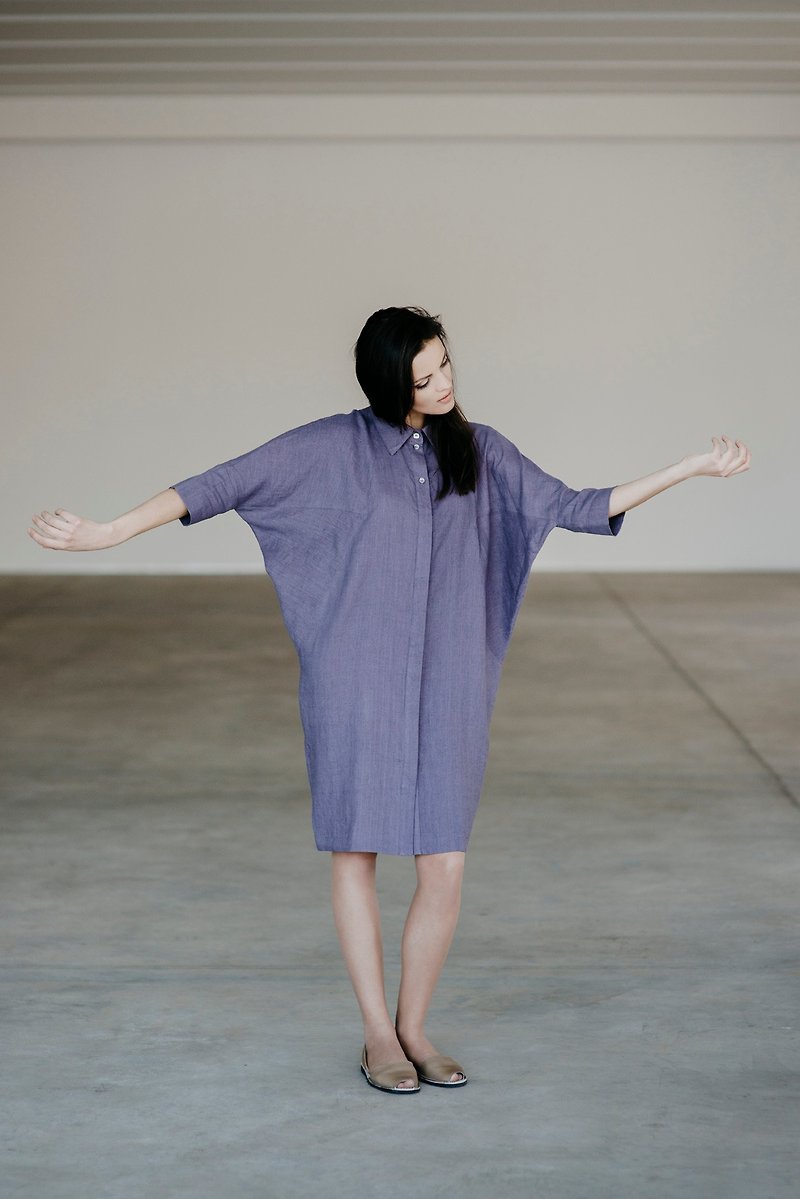 Linen Oversized Boyfriend Shirt Dress Motumo 15S2 - 連身裙 - 亞麻 多色