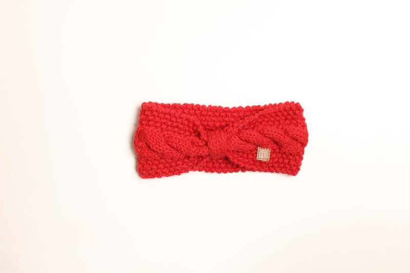 /輕髮帶/可愛正紅色蝴蝶結麻花細軟美麗諾純羊毛運動頭帶手工編織 - 髮箍/髮帶 - 羊毛 紅色
