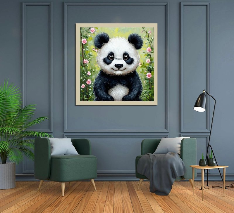 Panda in flowers animal kids room decor painting, Panda wall art - Posters - Cotton & Hemp Multicolor