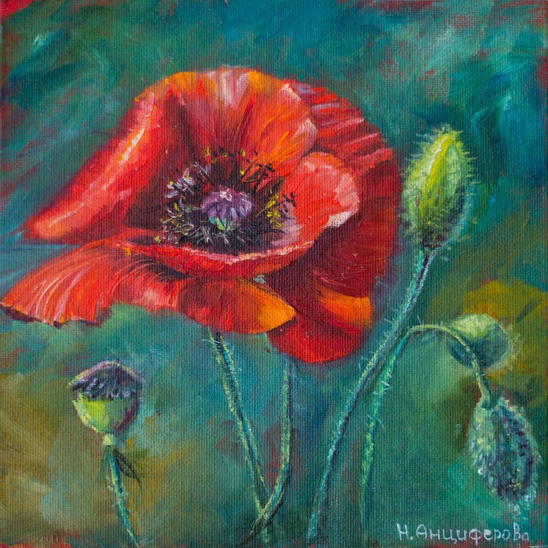 Original Oil Red Flame Poppies Painting Flowers Handmade Artwork - Wall Décor - Other Materials Red