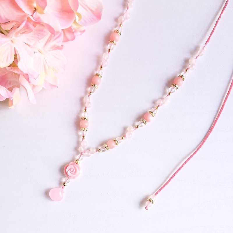Free size Y-shaped necklace in pink rose. - Necklaces - Semi-Precious Stones Pink