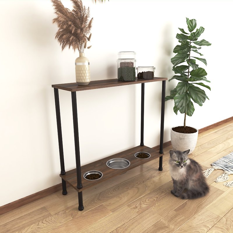 Console Entryway Table, Feed Stand Foyer Entry Table with Elevated Pet Feeder - กล่องเก็บของ - ไม้ สีนำ้ตาล