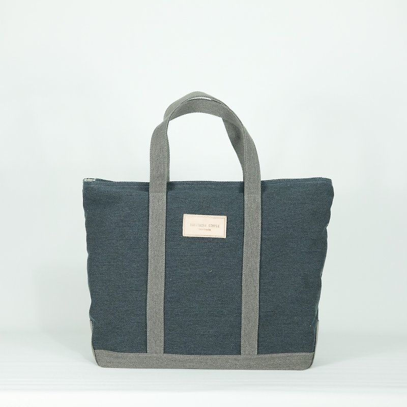 Boat bag-navy/gray - กระเป๋าถือ - ผ้าฝ้าย/ผ้าลินิน สีน้ำเงิน