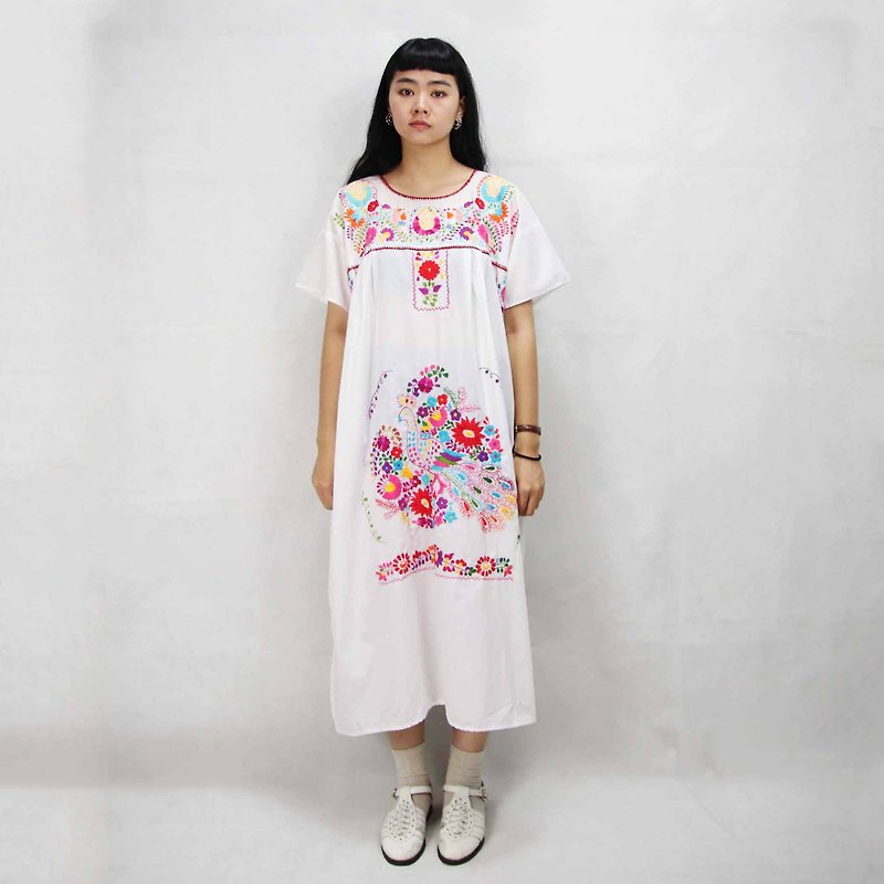 Tsubasa.Y Ancient House 001 Pure White Peacock Mexican Embroidered Dress, Embroidered Dress Cotton - One Piece Dresses - Cotton & Hemp 