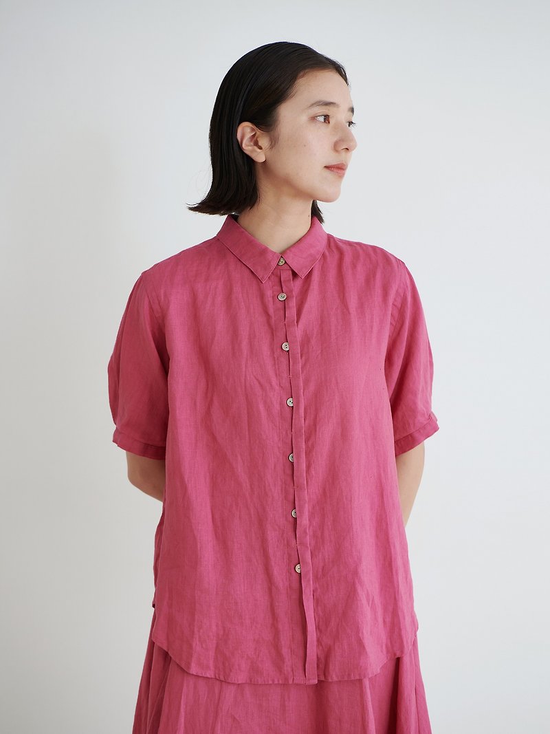 KOOW Japanese washed linen shirt basic style hidden button design versatile pink lapel shirt - เสื้อเชิ้ตผู้หญิง - ผ้าฝ้าย/ผ้าลินิน สึชมพู