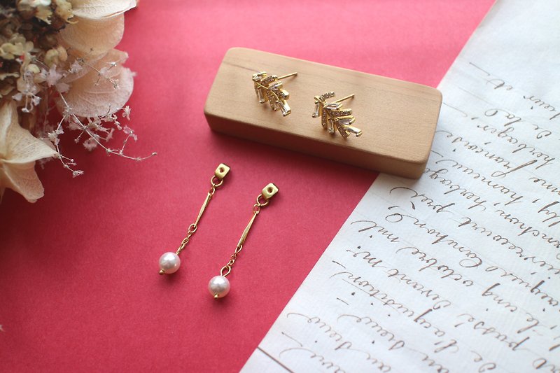 Spring poems-Zircon brass earrings - Earrings & Clip-ons - Copper & Brass Gold