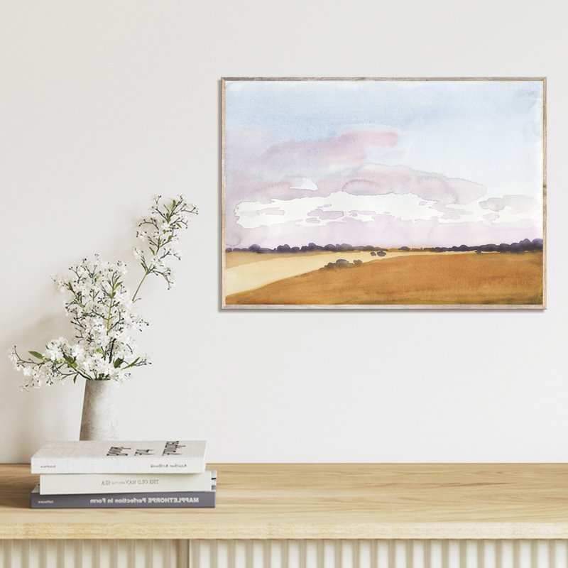 Wheat Field Art Print Minimalist Landscape Watercolor Painting Farmhouse Art - โปสเตอร์ - กระดาษ สีส้ม