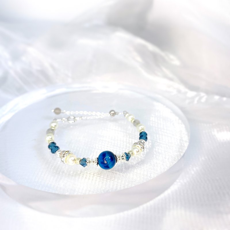 沉|藍貓眼石 拉長石 珍珠 天然石水晶手鏈 - 手鍊/手鐲 - 水晶 藍色
