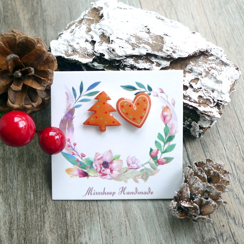 Misssheep- [OH Christmas Series - Gingerbread Christmas Tree & Heart Shaped Gingerbread] Handmade Earrings (Ear / Ear Clip) [One Pair] - ต่างหู - พลาสติก 
