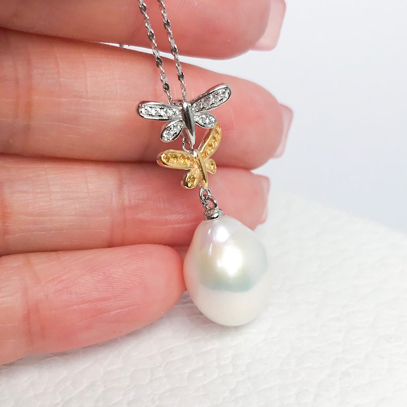 Dual Butterfly Massive Unique Cream White Freshwater Drop Pearl Silver Necklace - สร้อยคอ - ไข่มุก ขาว