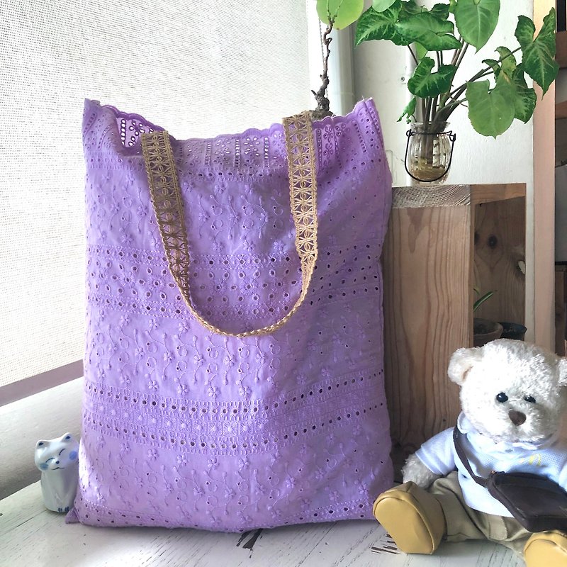棉．麻 手提包/手提袋 紫色 - (Xmas Gift Box) Lilac - lace embroidery floral tote bag