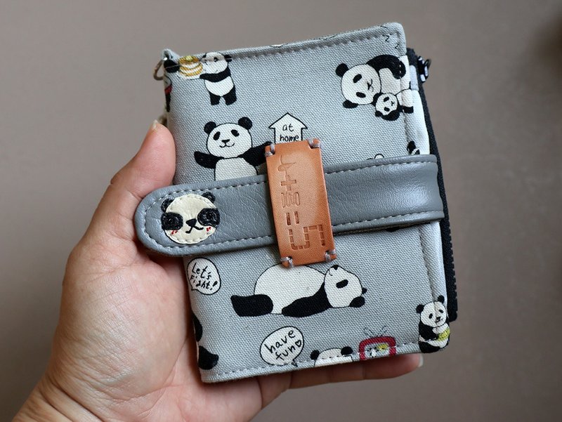 【fabric wallet】熊貓日常  布短夾/中短夾 - 錢包/皮夾/長短夾 - 棉．麻 灰色