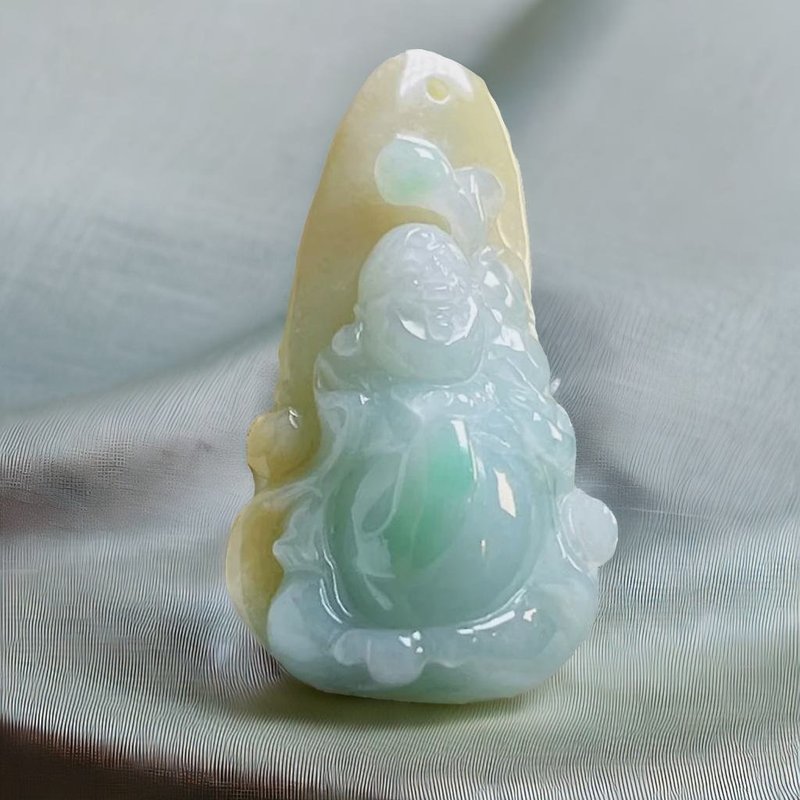 Three-color jade Maitreya Buddha necklace | Natural Burmese jade A grade jade | Gift giving - Necklaces - Jade Green