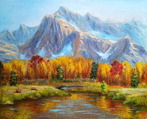AmazingPaintingsIrina Fall painting Original art Mountain Landscape Lake Art Autumn Forest Wall Art