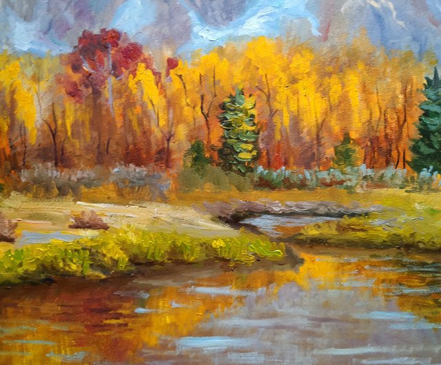 秋の絵画 オリジナルアート 山の風景 湖のアート 秋の森 壁