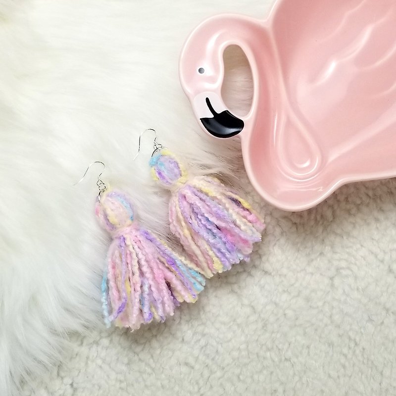 Mixed knit fringes earring (Pink/Baby Blue/Lilic/Baby Yellow/Cream) - ต่างหู - เงินแท้ สึชมพู