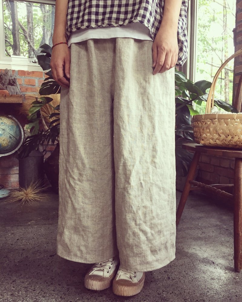 Thick linen rain dew Linen shape もんぺ wide pocket pants - Women's Pants - Cotton & Hemp Gold