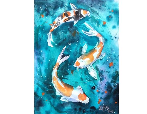 奥利弗卡纳特 Koi Painting Watercolor Fish Original Art Fishing Wall Art