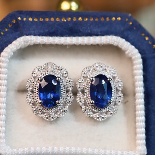 WhiteKuo高級珠寶訂製所 【WhiteKuo】18k天然橢圓形藍寶石鑽石復古蕾絲耳飾
