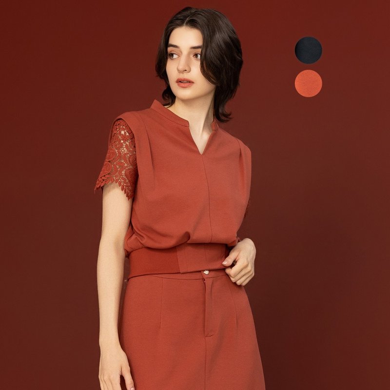 【MEDUSA】Lace Splicing Notch Neck Top - เสื้อผู้หญิง - ไนลอน สีแดง