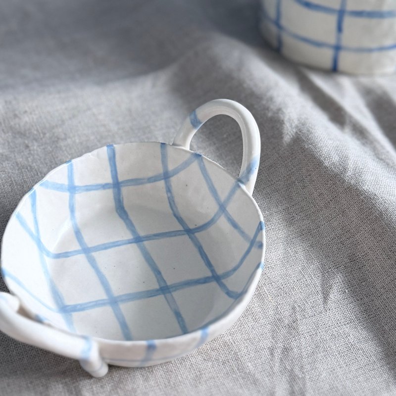 藍格紋雙耳小盤/遊藍計畫 - 碟/盤子/餐盤 - 陶 