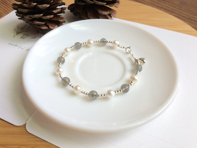 Ops Labradorite Pearl Gemstone Silver bracelet -珍珠/拉長石/silver/手鍊/客製化 - 手鍊/手鐲 - 寶石 銀色