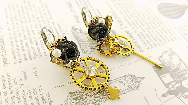 § HUKUROU§ steam punk rose gear earrings - Earrings & Clip-ons - Other Metals Multicolor