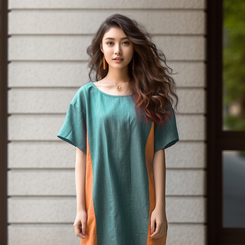 PSNY 麻 リネン・ジェイドグリーン・グラデーションのサイドタック・ワンピース フレンチスリーブ AP11 - 洋裝/連身裙 - 棉．麻 綠色