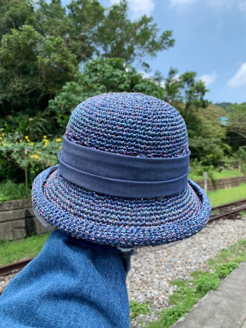 Hand-knitted / elegant curled sun hat / Korean handmade hair band - หมวก - กระดาษ สีน้ำเงิน