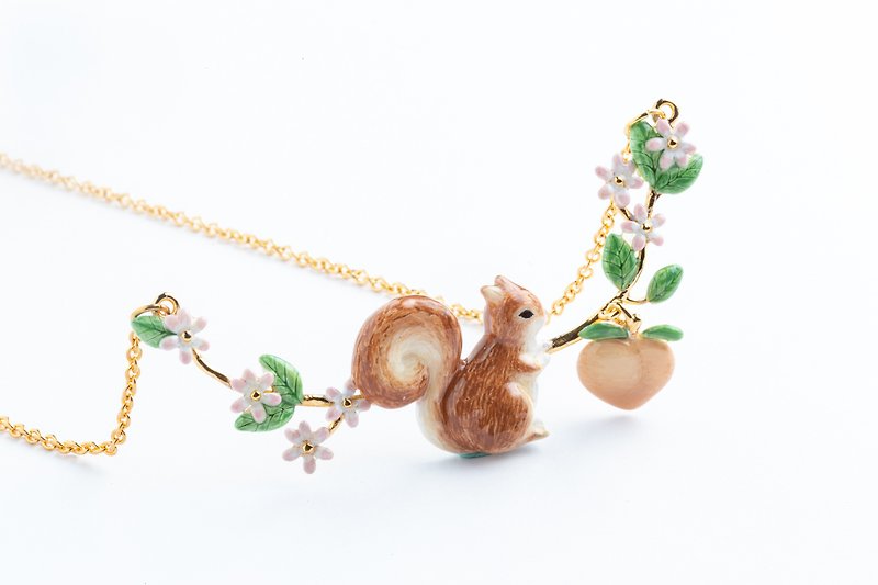 Squirrel Peach Garden Necklace ~ Squirrel Necklace - Necklaces - Enamel 