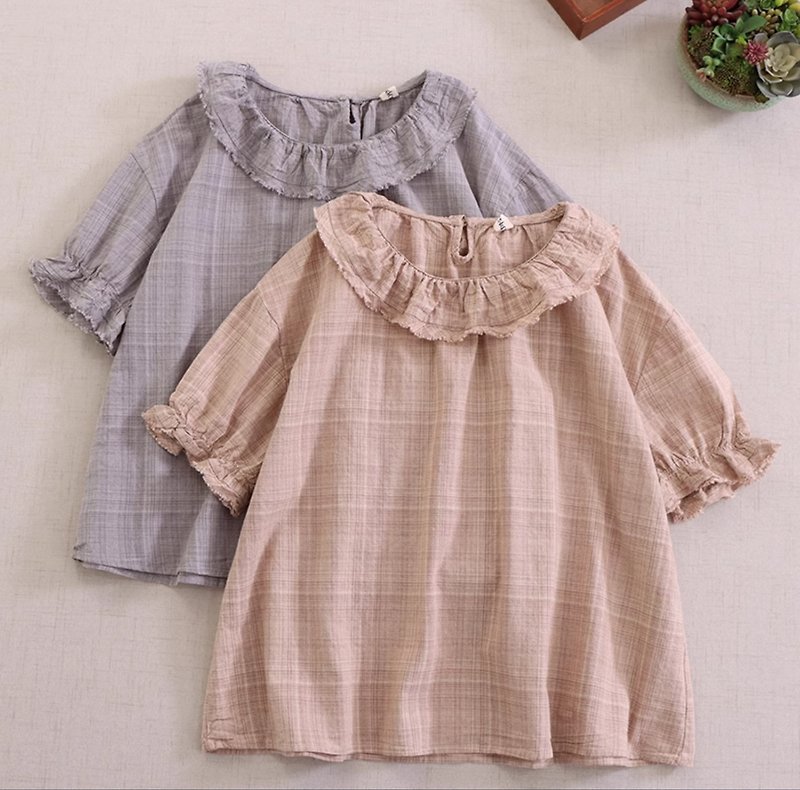 [Sori Zhihai] Summer Forest Style Raw Edge Plaid Baby Sweater (Pre-Order) - เสื้อผู้หญิง - ผ้าฝ้าย/ผ้าลินิน สึชมพู