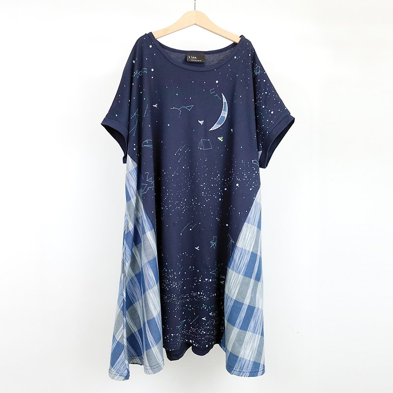 Blue Moon Sea / Umbrella Pocket Dress - ชุดเดรส - ผ้าฝ้าย/ผ้าลินิน สีน้ำเงิน