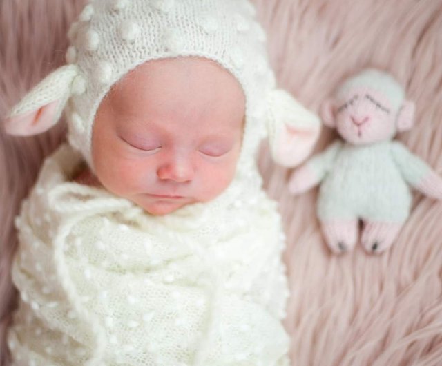 はむたぬき様オーダー　羊ボンネット 生まれたばかりの羊（子羊）のボンネット。ニットラムベビー