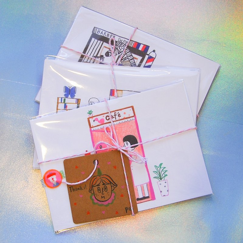 "Animal Shopping Street" Illustrated Postcard Set - Cards & Postcards - Paper Pink