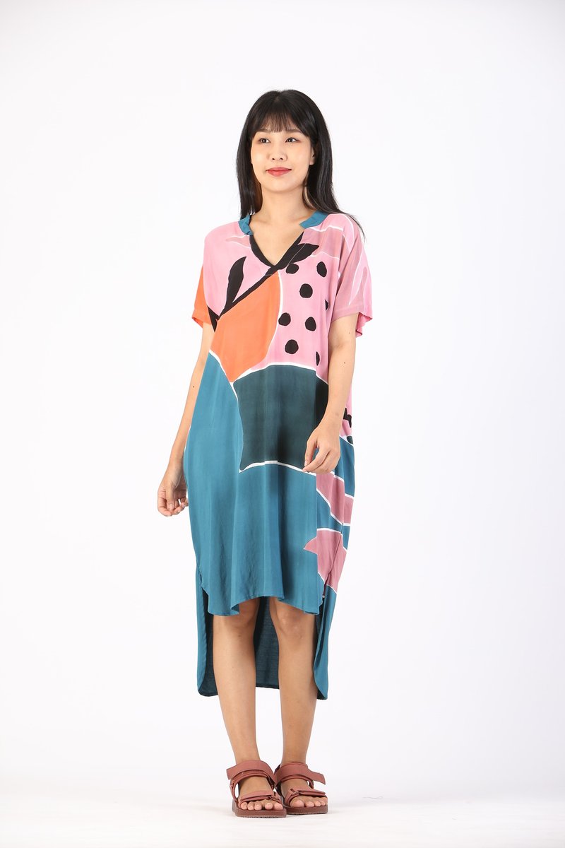 Short Dress Kaftan Cotton Rayon Hand Paint Free Size - 洋裝/連身裙 - 棉．麻 粉紅色