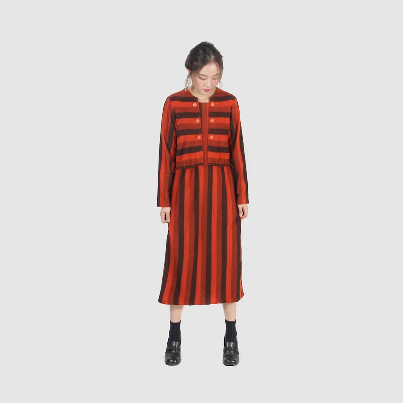 [Egg plant ancient] persimmon fruit striped wool vintage dress - One Piece Dresses - Wool Red